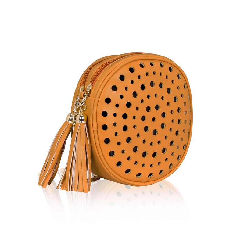 KLEIO Women's Stylish Round Double Compartment Laser Cut Cross Body Sling Bag with Tassel - Image 1